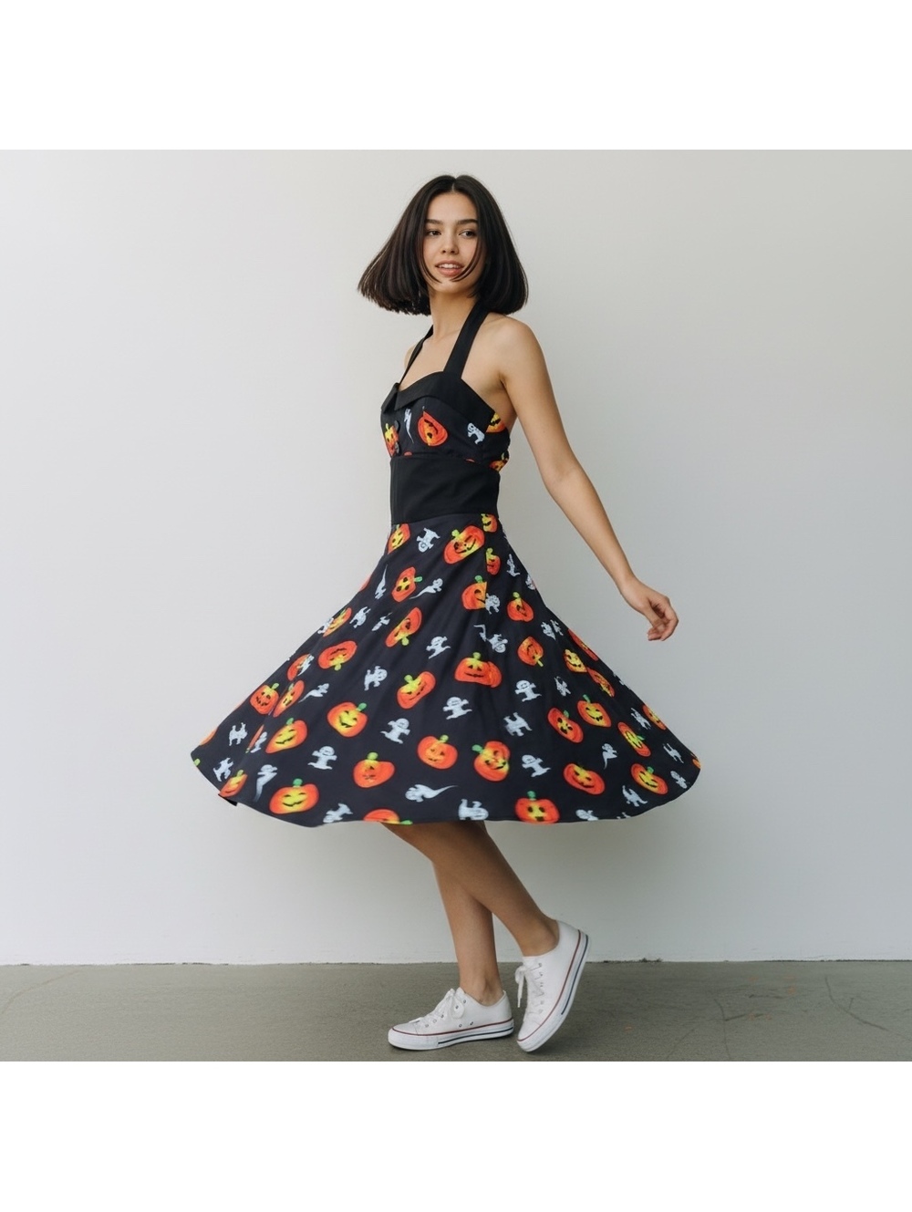 Halloween Themed Halter Neck Dress with Pumpkin and Ghost Print